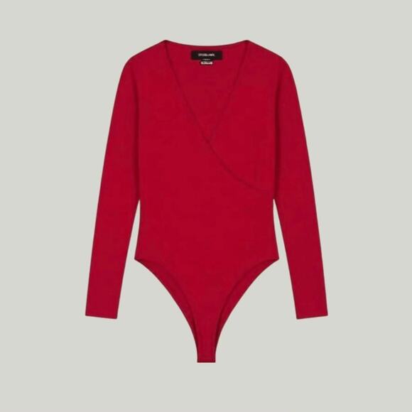 American Apparel Red Bodysuit M Cotton Long Sleeve Ballet Wrap Made USA Holiday - Picture 1 of 11